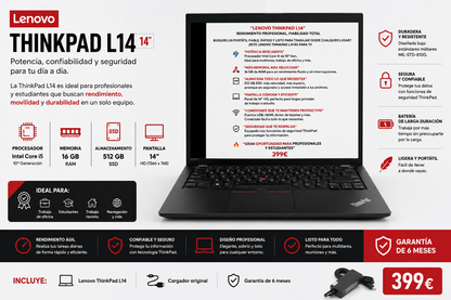 Portátil Lenovo ThinkPad L14 14" Intel Core i5 8GB RAM 256GB SSD Negro