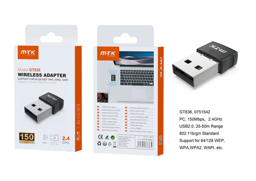 GT836 Mini Adaptador WiFi USB 150Mbps Negro
