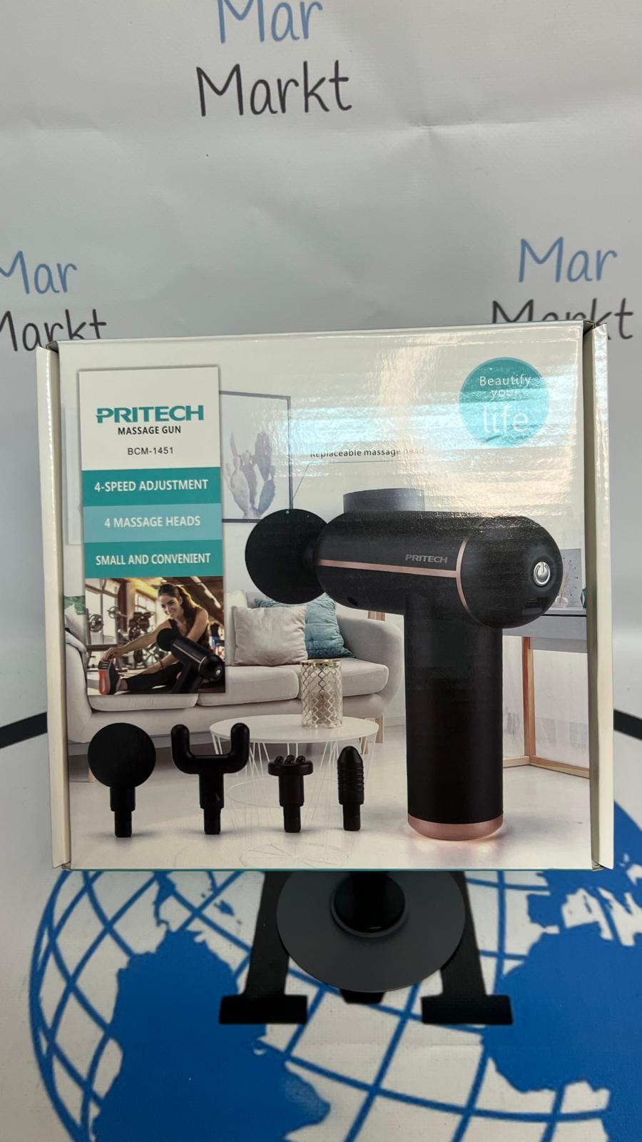Pistola de Masaje Muscular Pritech BCM-1451 4 Cabezales Negro
